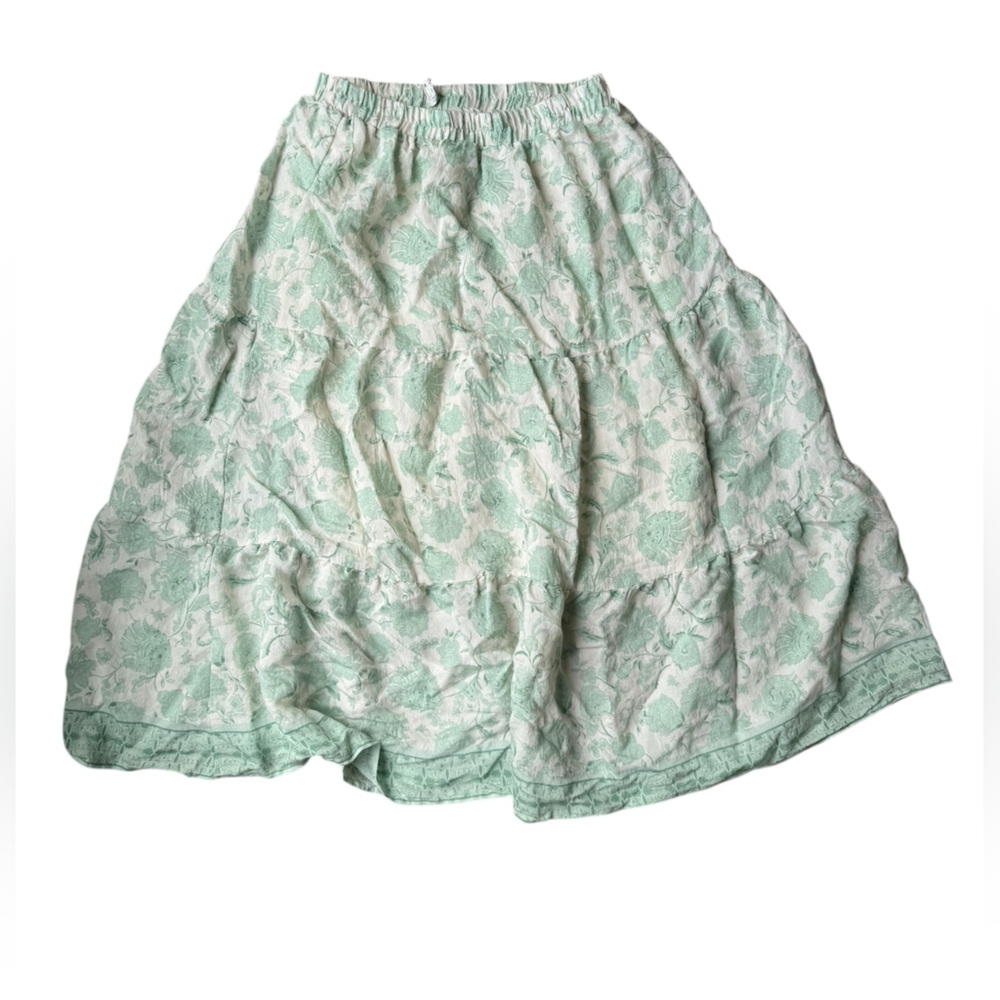 Boho Floral Midi Skirt Women's Large Green White Tiered Elastic Waist Romantic - Picture 3 of 7